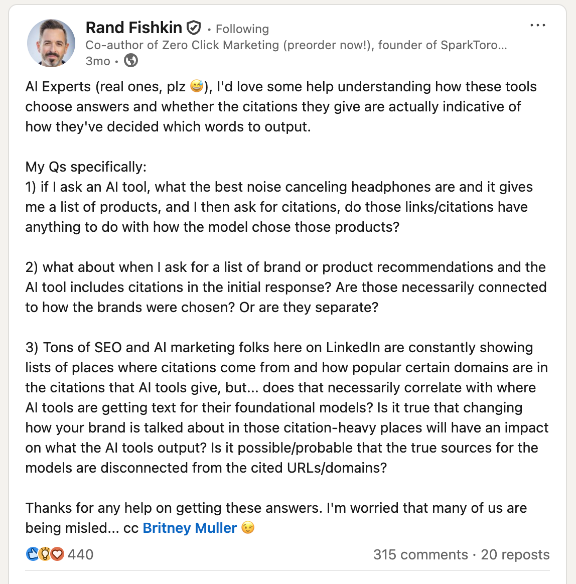 Rand Fishkin LinkedIn post asking AI experts how AI tools choose answers and whether citations reflect how the model decided which words to output