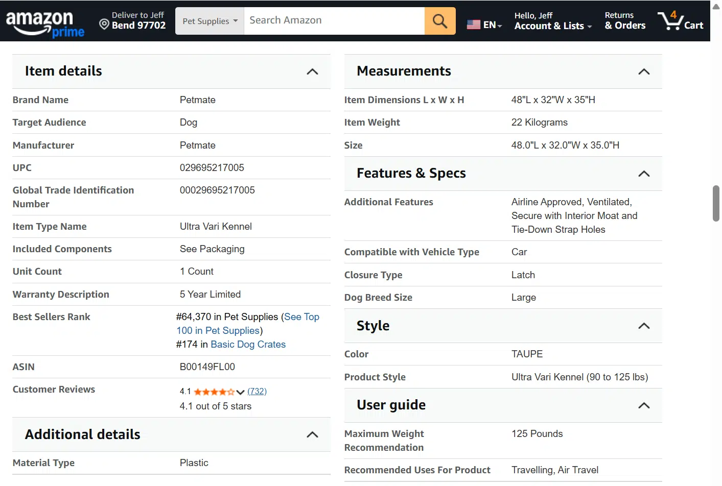 Amazon dog crate product page with clearly displayed dimensions, weight limit, and other specifications