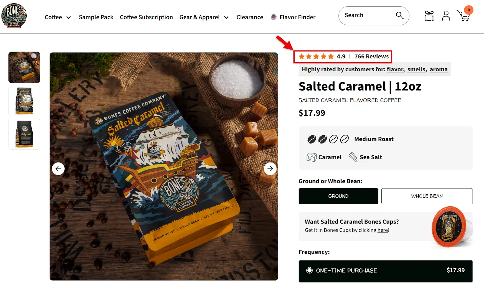 Bones Coffee Company salted caramel product page with prominently displayed ratings and review count