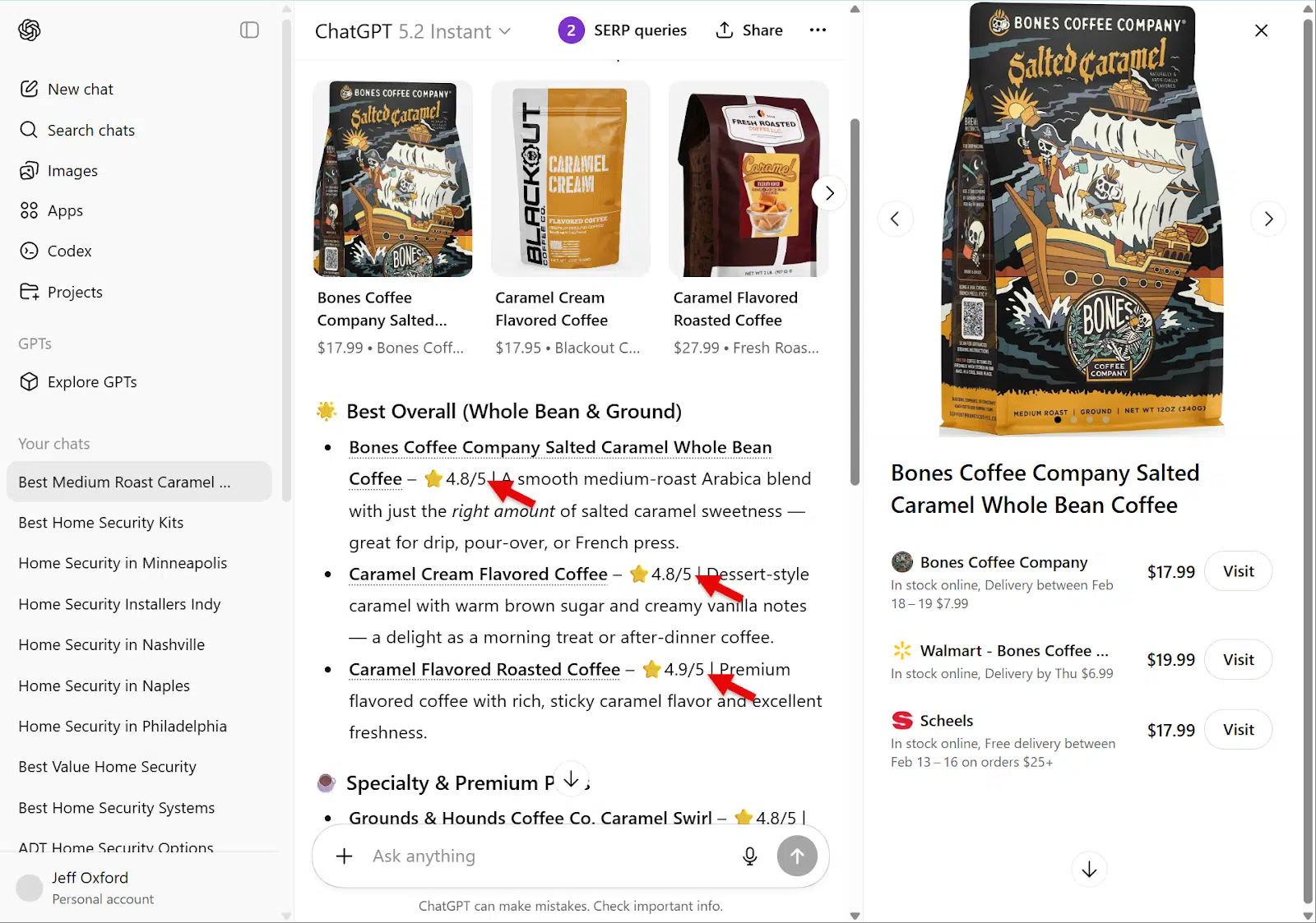 ChatGPT response recommending medium roast caramel coffees with product ratings displayed front and center