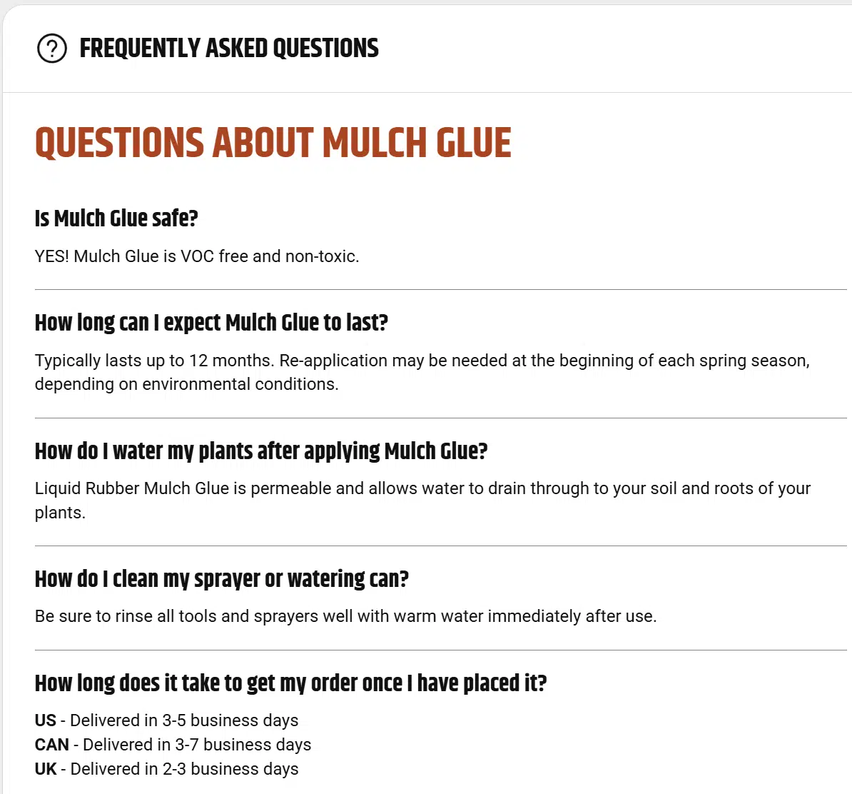 Liquid Rubber mulch glue product page FAQ section answering common customer questions