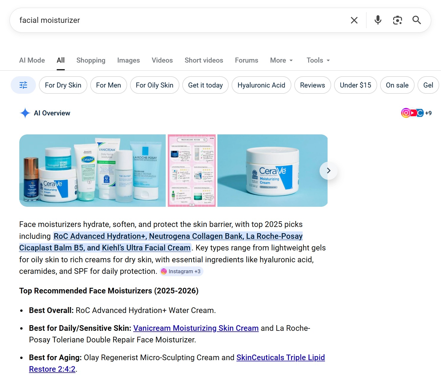 Google search results for 'facial moisturizer' showing an AI Overview placed above shopping results