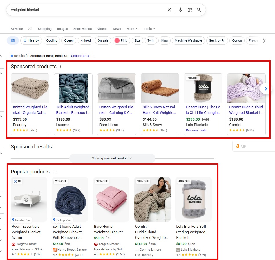 Google search results for 'weighted blanket' showing sponsored and popular product shopping boxes