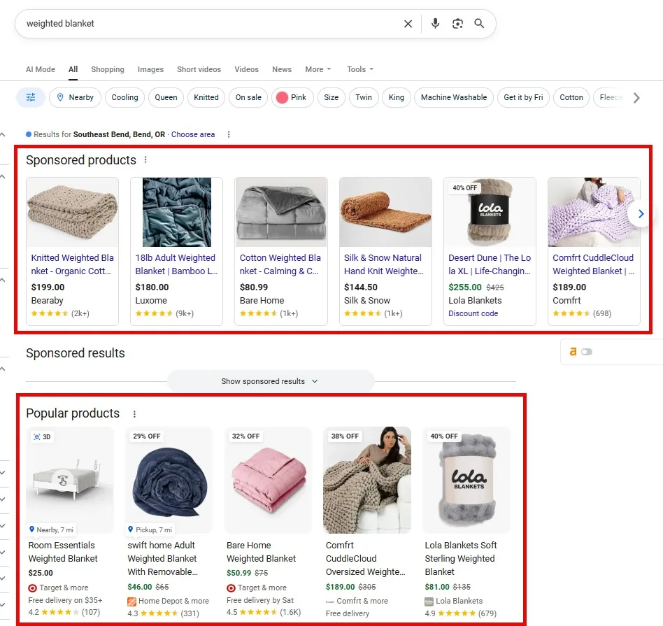 Google search results for 'weighted blanket' showing sponsored and popular product shopping boxes
