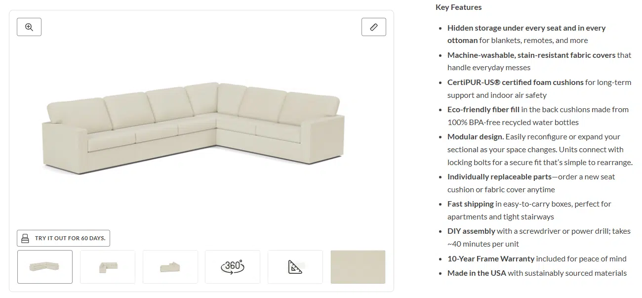 Home Reserve sofa product page Key Features section listing unique selling points