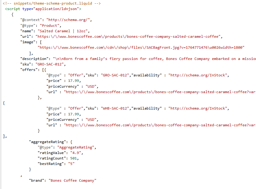 Example of Product JSON-LD structured data with price, availability, and aggregateRating fields
